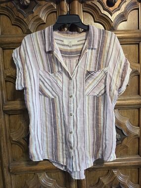 Thread & Supply Striped Short Sleeve Shirt in Pink, Tan & Cream